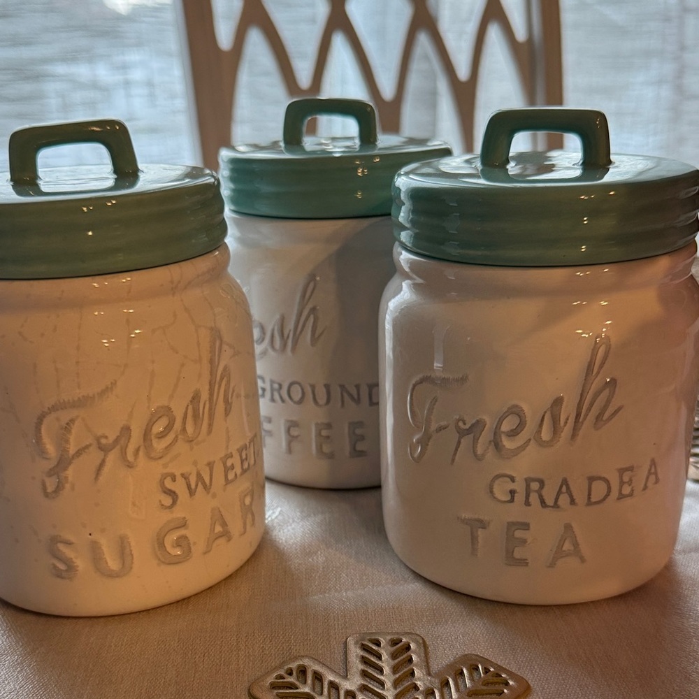 Ceramic Kitchen Canister Set with robin’s egg blue Lids